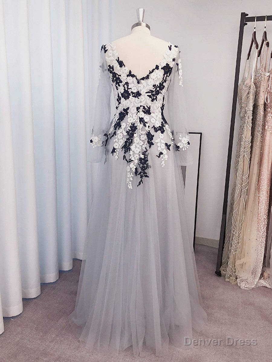 A-line V-neck Long Sleeves Appliques Lace Floor-Length Tulle Dress Main image