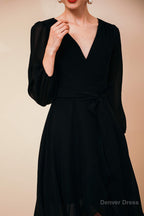 A Line V Neck Long Sleeves Chiffon High Low Sash Prom Dresses