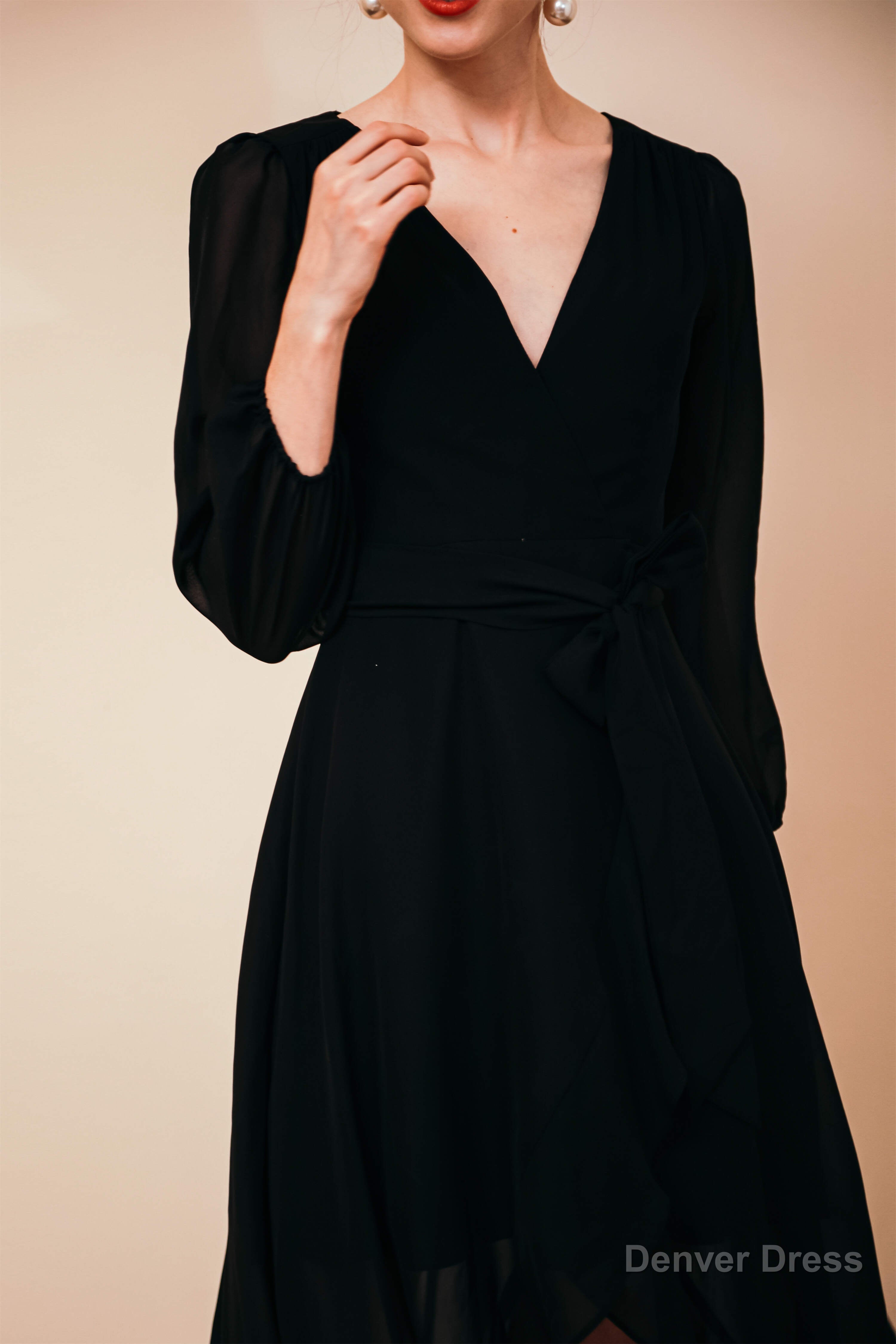 A Line V Neck Long Sleeves Chiffon High Low Sash Prom Dresses