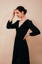 A Line V Neck Long Sleeves Chiffon High Low Sash Prom Dresses