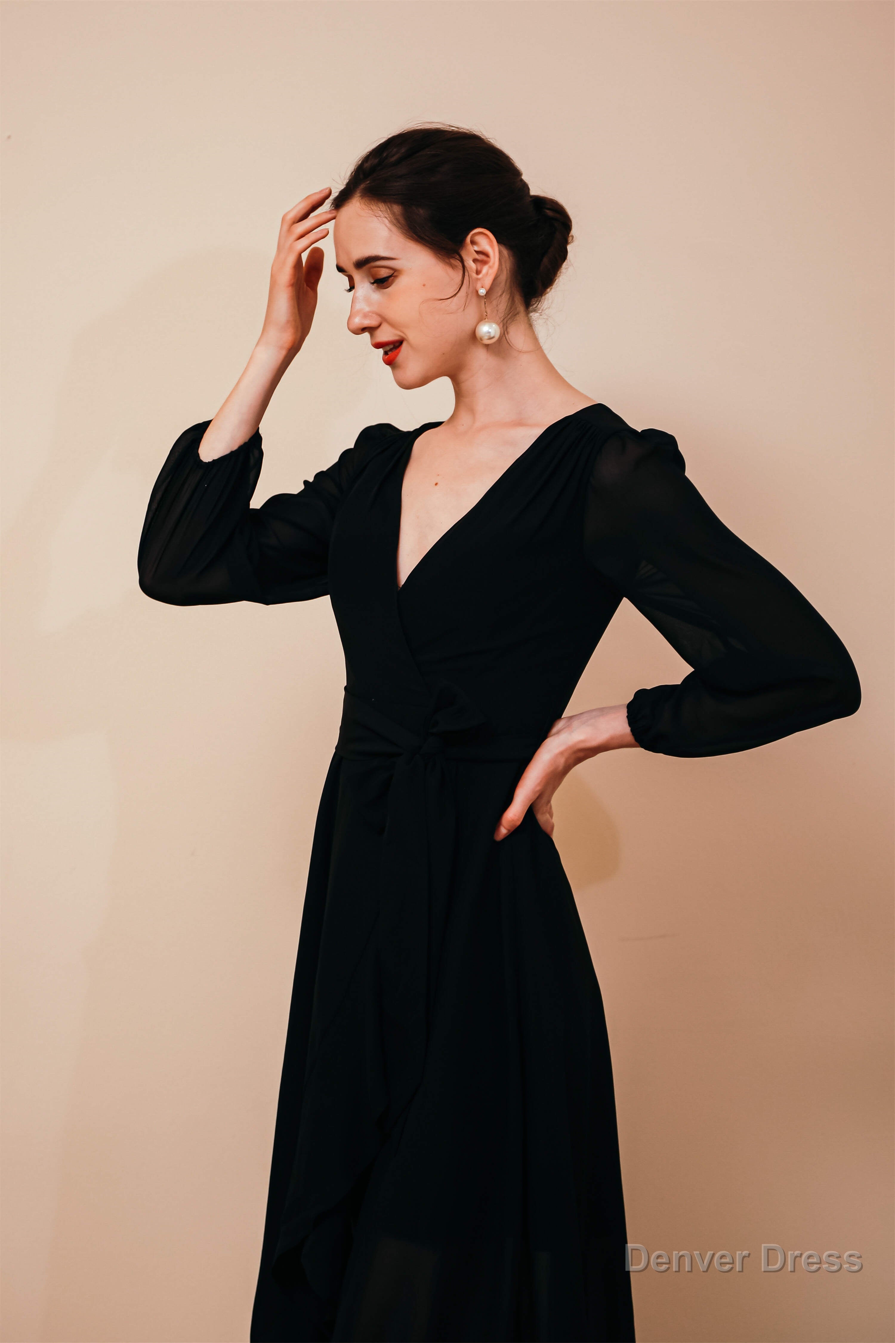 A Line V Neck Long Sleeves Chiffon High Low Sash Prom Dresses