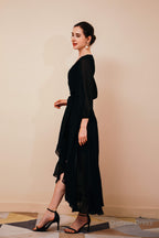 A Line V Neck Long Sleeves Chiffon High Low Sash Prom Dresses