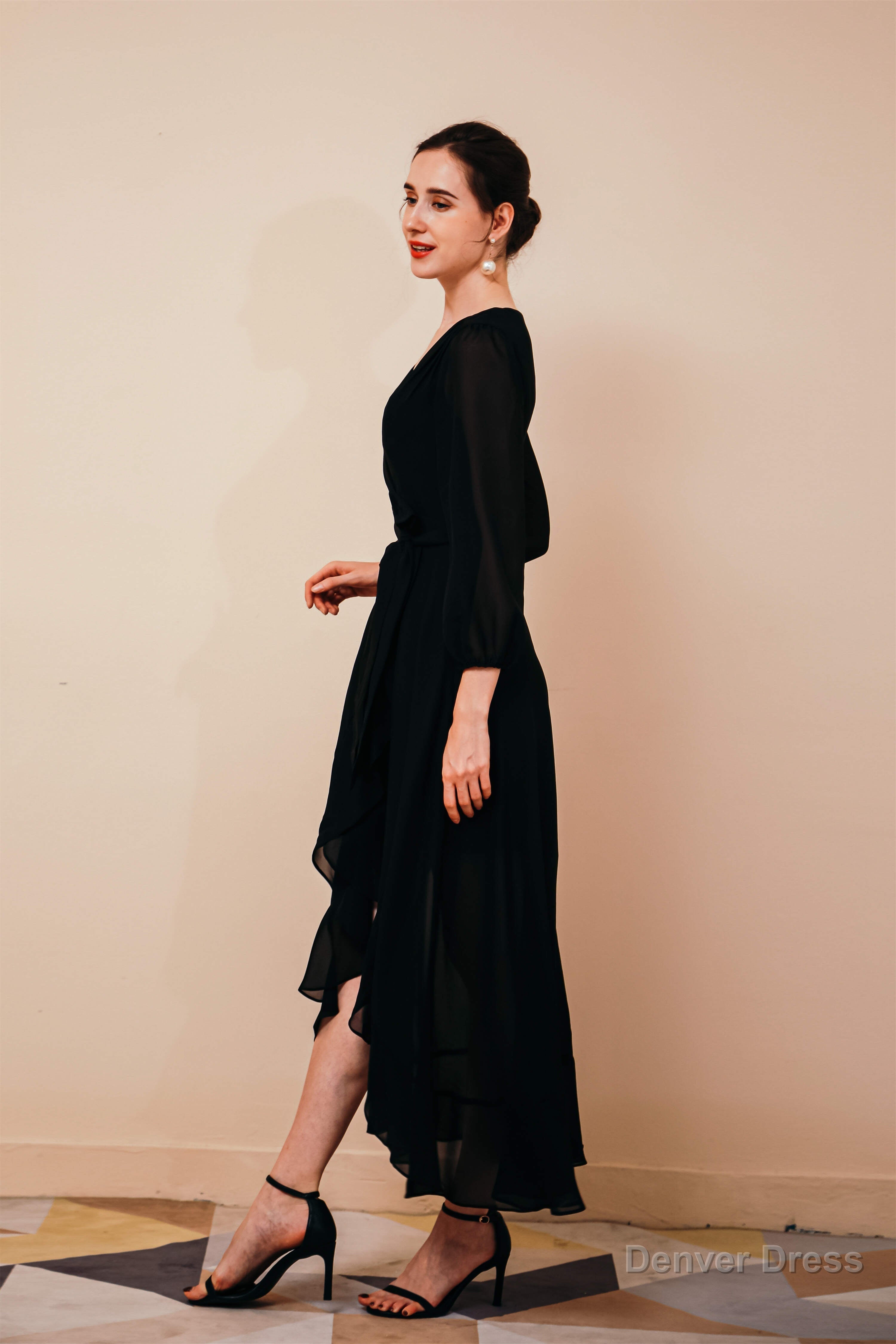 A Line V Neck Long Sleeves Chiffon High Low Sash Prom Dresses