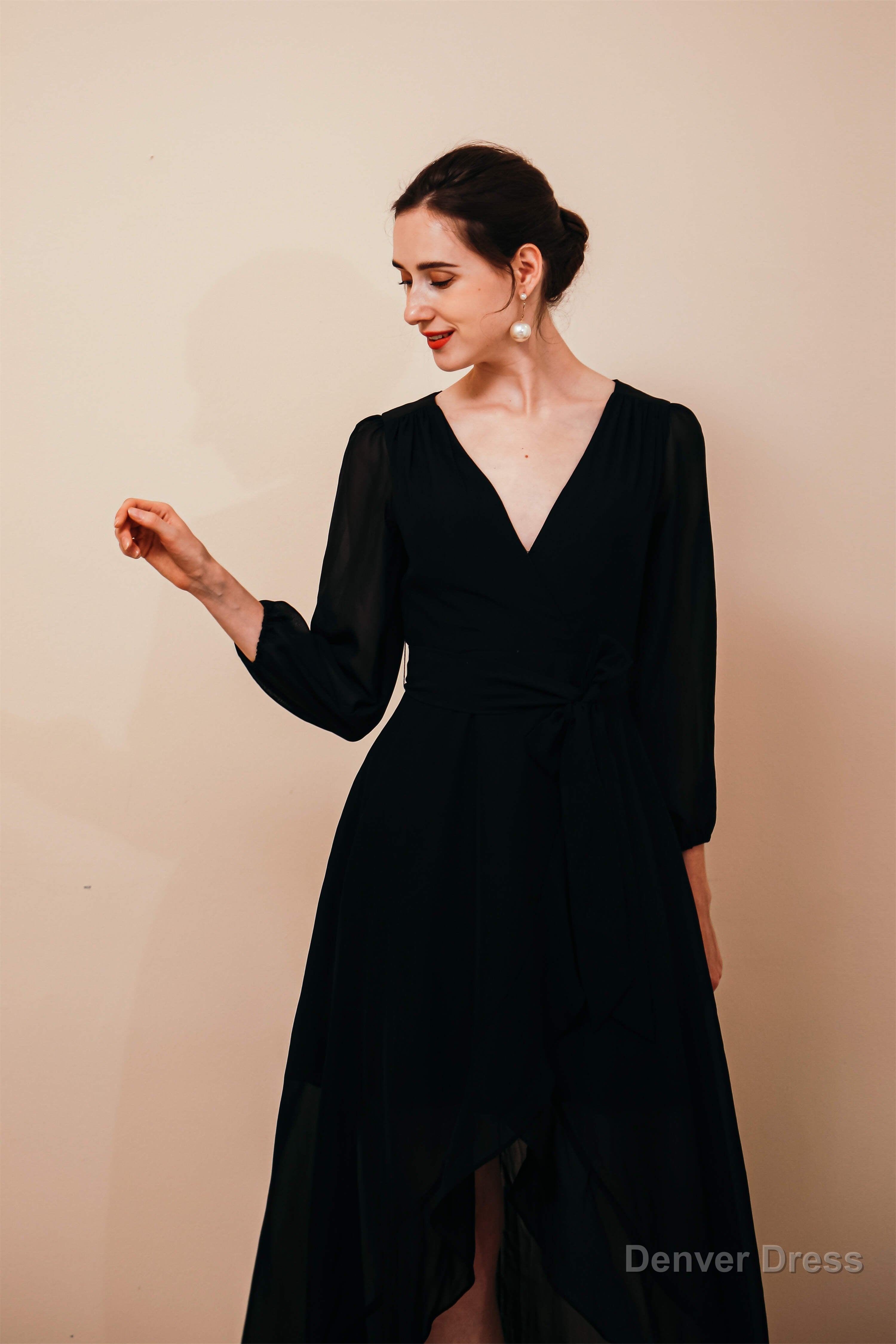 A Line V Neck Long Sleeves Chiffon High Low Sash Prom Dresses