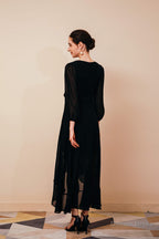 A Line V Neck Long Sleeves Chiffon High Low Sash Prom Dresses