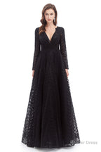 A Line V Neck Long Sleeves Lace Long Prom Dresses