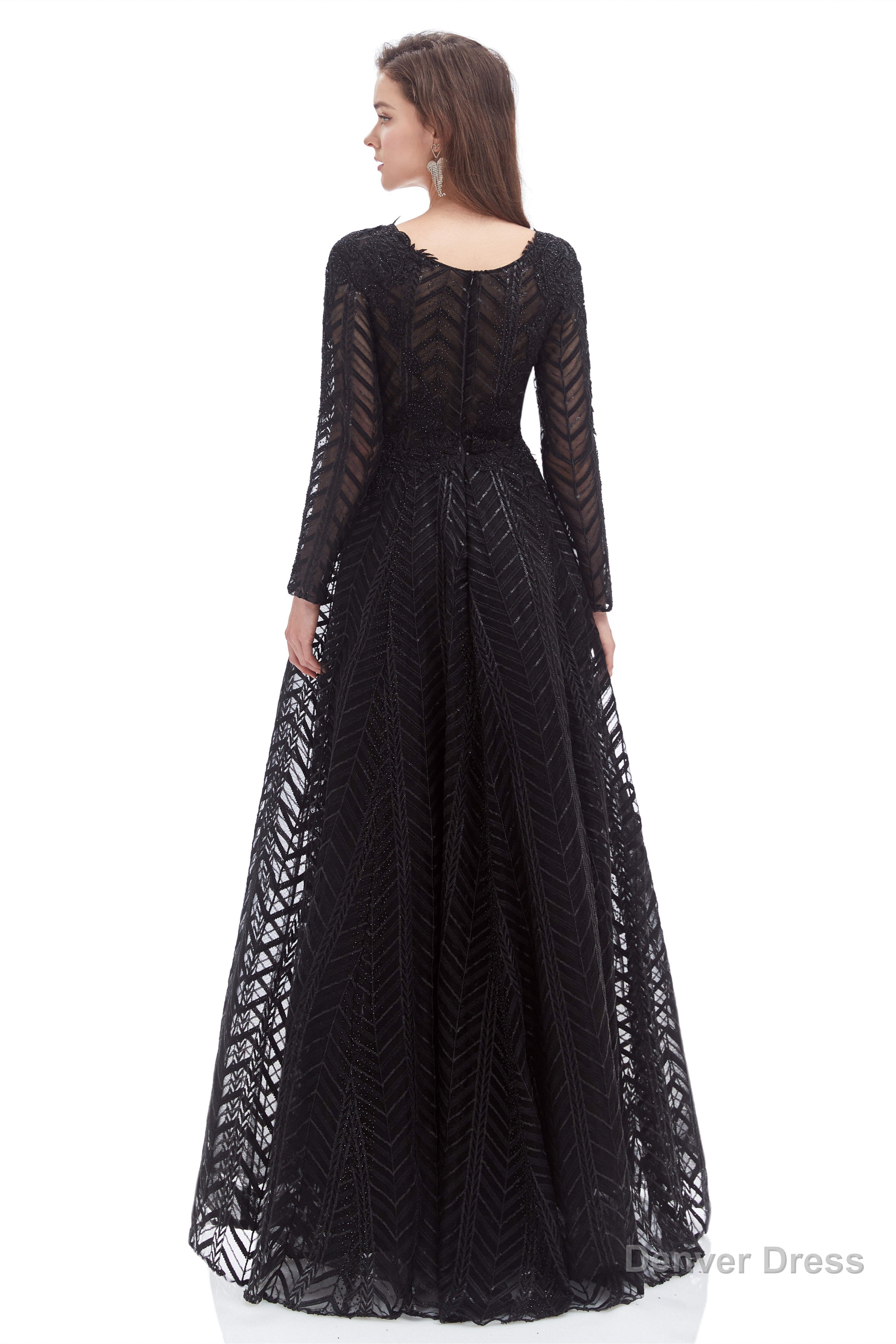 A Line V Neck Long Sleeves Lace Long Prom Dresses