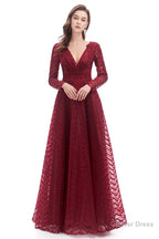 A-Line V Neck Long Sleeves Lace Long Prom Dresses