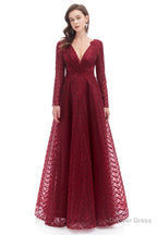 A Line V Neck Long Sleeves Lace Long Prom Dresses