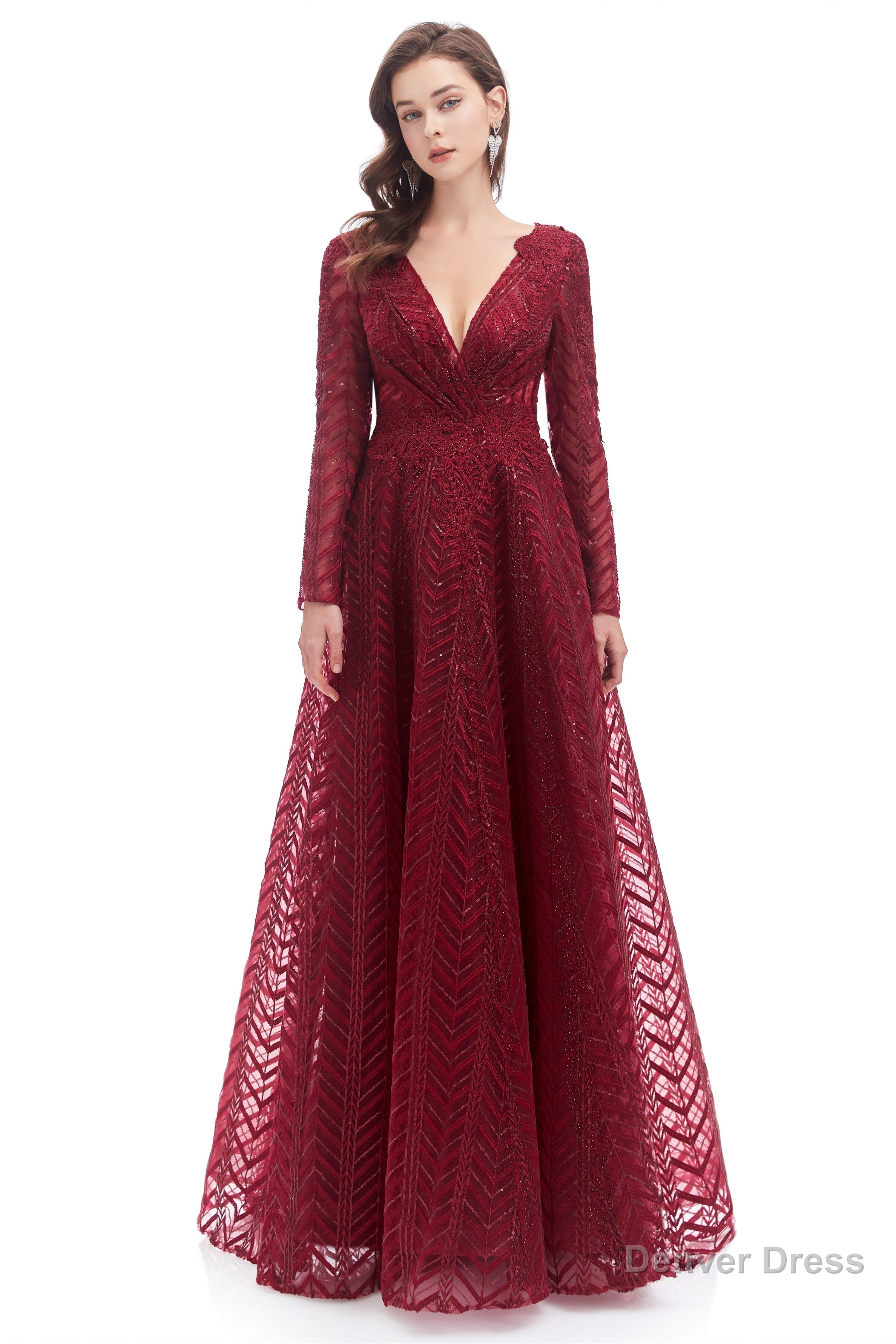 A Line V Neck Long Sleeves Lace Long Prom Dresses