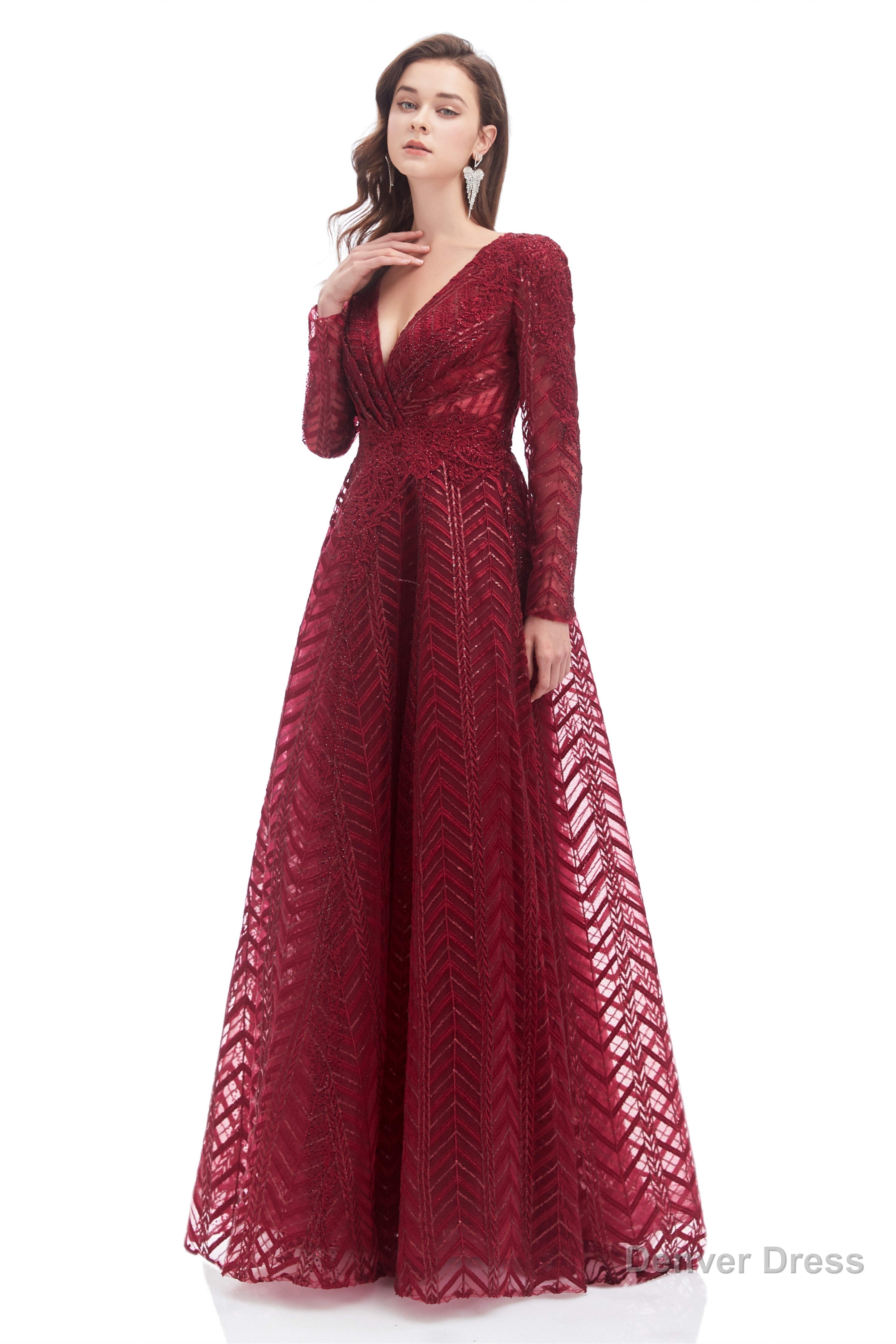 A Line V Neck Long Sleeves Lace Long Prom Dresses