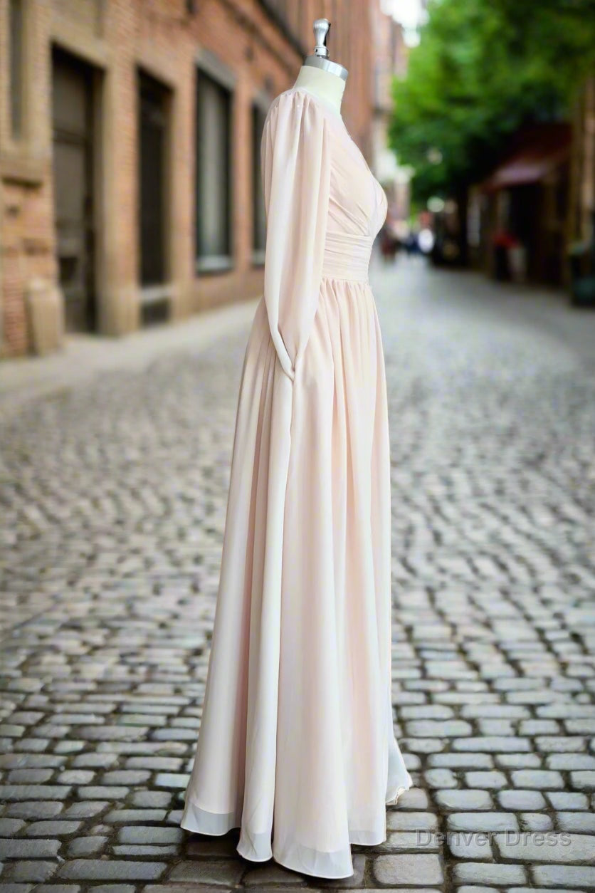 A Line V Neck Long Sleeves Long Chiffon Bridesmaid Dresses With Split Side Pockets