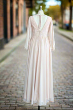 A Line V Neck Long Sleeves Long Chiffon Bridesmaid Dresses With Split Side Pockets