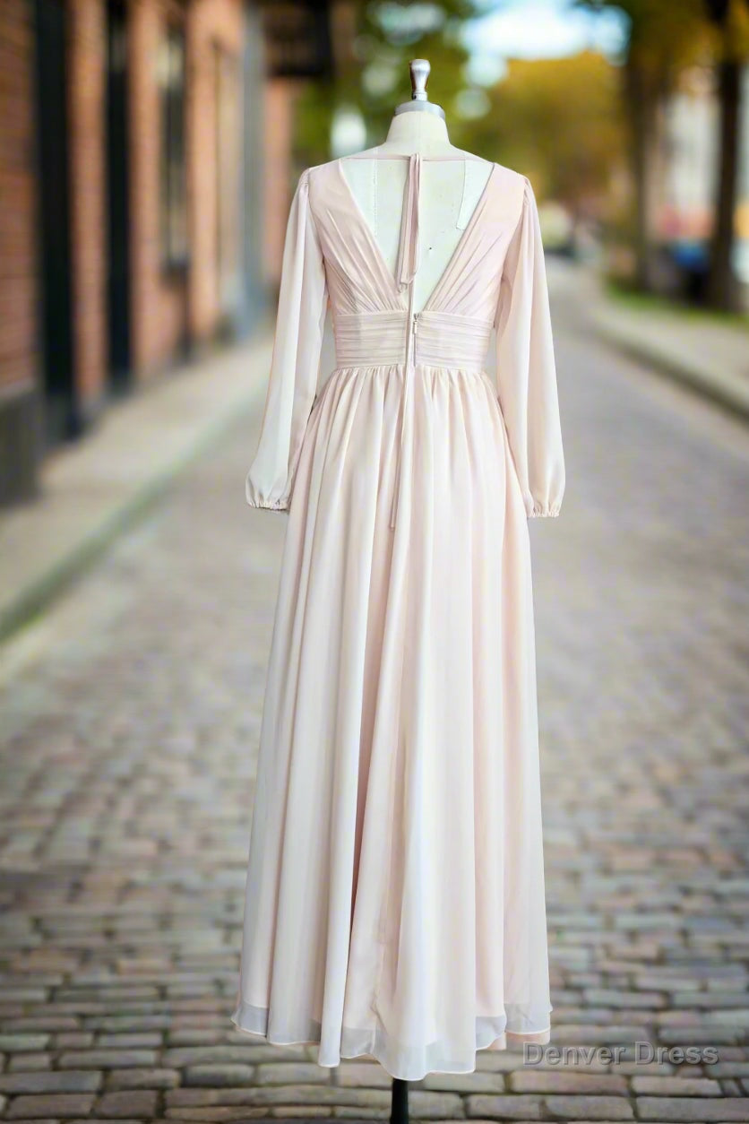 A Line V Neck Long Sleeves Long Chiffon Bridesmaid Dresses With Split Side Pockets