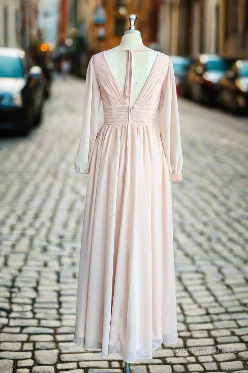 A-Line V-Neck Long Sleeves Long Chiffon Bridesmaid Dresses With Split Side Pockets
