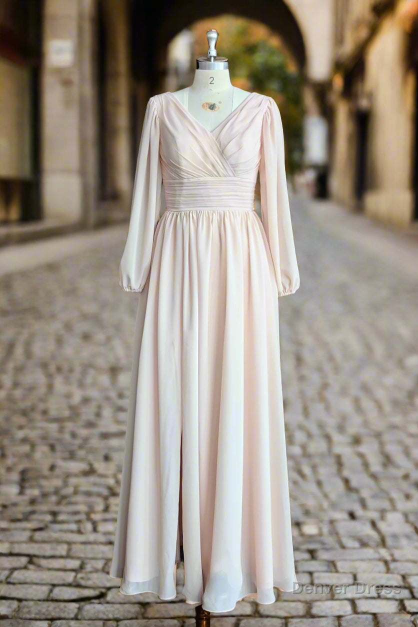 A-Line V-Neck Long Sleeves Long Chiffon Bridesmaid Dresses With Split Side Pockets Main image