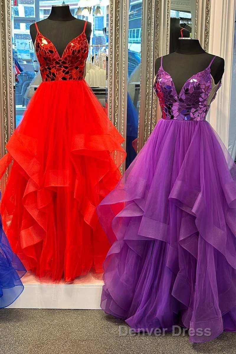 A Line V Neck Mirror Cut Sequins Ruffle Layers Long Prom Dresses