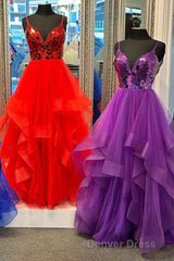 A-line V-Neck Mirror-Cut Sequins Ruffle Layers Long Prom Dresses