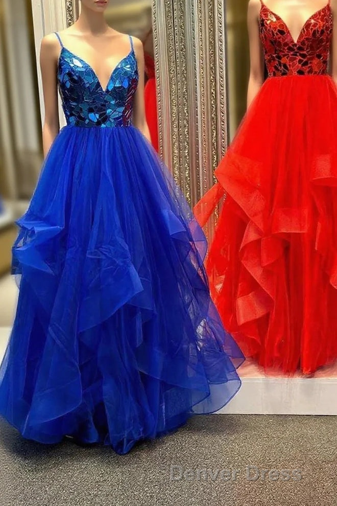A Line V Neck Mirror Cut Sequins Ruffle Layers Long Prom Dresses Main image