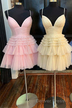 A Line V Neck Multi Tiered Short Prom Dress,Light Pink Cocktail Dresses Short