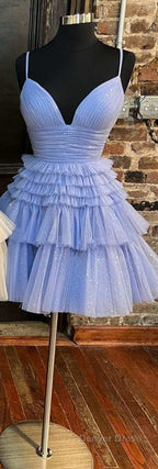 A Line V Neck Multi Tiered Short Prom Dress,Light Pink Cocktail Dresses Short