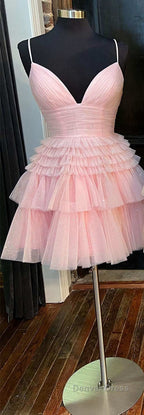 A Line V Neck Multi Tiered Short Prom Dress,Light Pink Cocktail Dresses Short