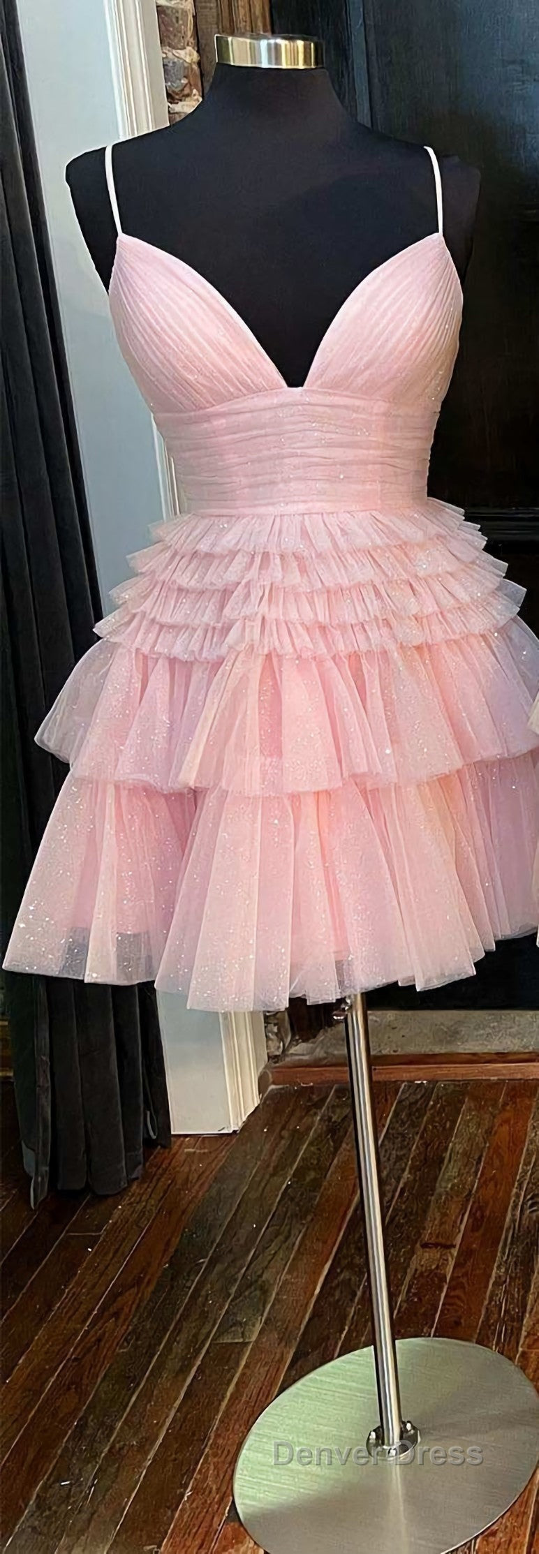 A Line V Neck Multi Tiered Short Prom Dress,Light Pink Cocktail Dresses Short