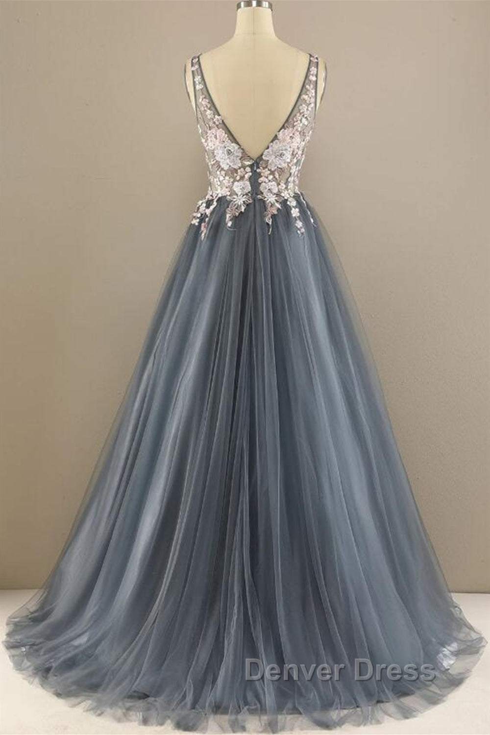 A Line V Neck Open Back Appliques Gray Long Prom Dress, V Neck Grey Prom Dress, Gray Prom Dresses Secondary image