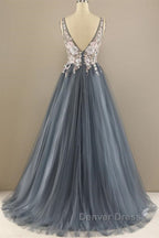 A Line V Neck Open Back Appliques Gray Long Prom Dress, V Neck Grey Prom Dress, Gray Prom Dresses