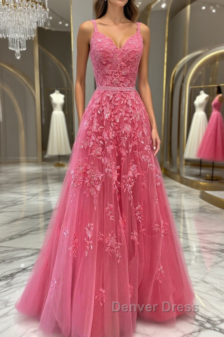 A Line V Neck Open Back Beaded Hot Pink Lace Long Prom Dress, Hot Pink Lace Prom Graduation Prom Dresses Main image