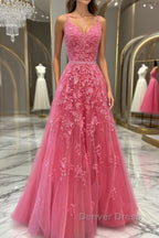 A Line V Neck Open Back Beaded Hot Pink Lace Long Prom Dress, Hot Pink Lace Prom Graduation Prom Dresses