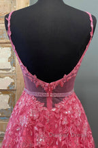 A Line V Neck Open Back Beaded Hot Pink Lace Long Prom Dress, Hot Pink Lace Prom Graduation Prom Dresses