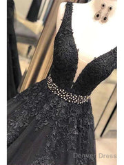 A-Line V-Neck Open Back Black Lace Long Prom Dress Evening Dress With Beading,