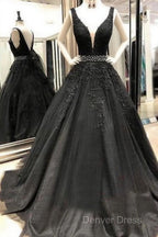 A-Line V-Neck Open Back Black Lace Long Prom Dresses Evening Dresses With Beading,