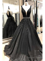 A-Line V-Neck Open Back Black Lace Long Prom Dress Evening Dress With Beading,