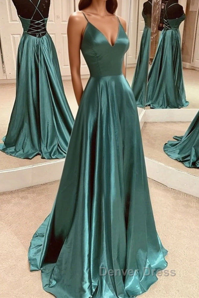 A Line V Neck Open Back Emerald Green Satin Long Prom Dresses, Backless Emerald Green Formal Graduation Evening Dresses