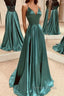 A Line V Neck Open Back Emerald Green Satin Long Prom Dresses, Backless Emerald Green Formal Graduation Evening Dresses
