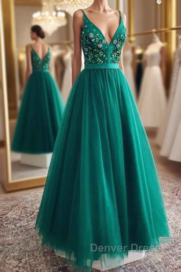 A Line V Neck Open Back Green Floral Long Prom Dress, Open Back Green Prom Dresses