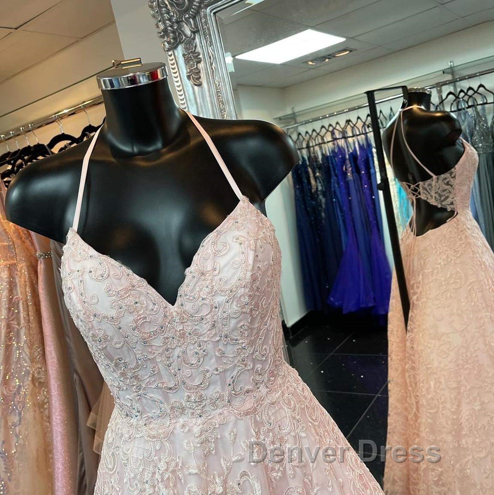 A Line V Neck Open Back Pink Lace Long Prom Dress, Pink Lace Prom Graduation Prom Dresses
