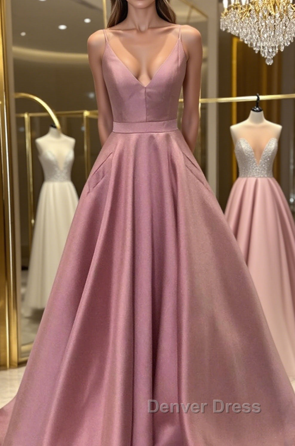 A Line V Neck Open Back Pink Satin Long Prom Dress, Open Back Pink Prom Graduation Prom Dresses Main image