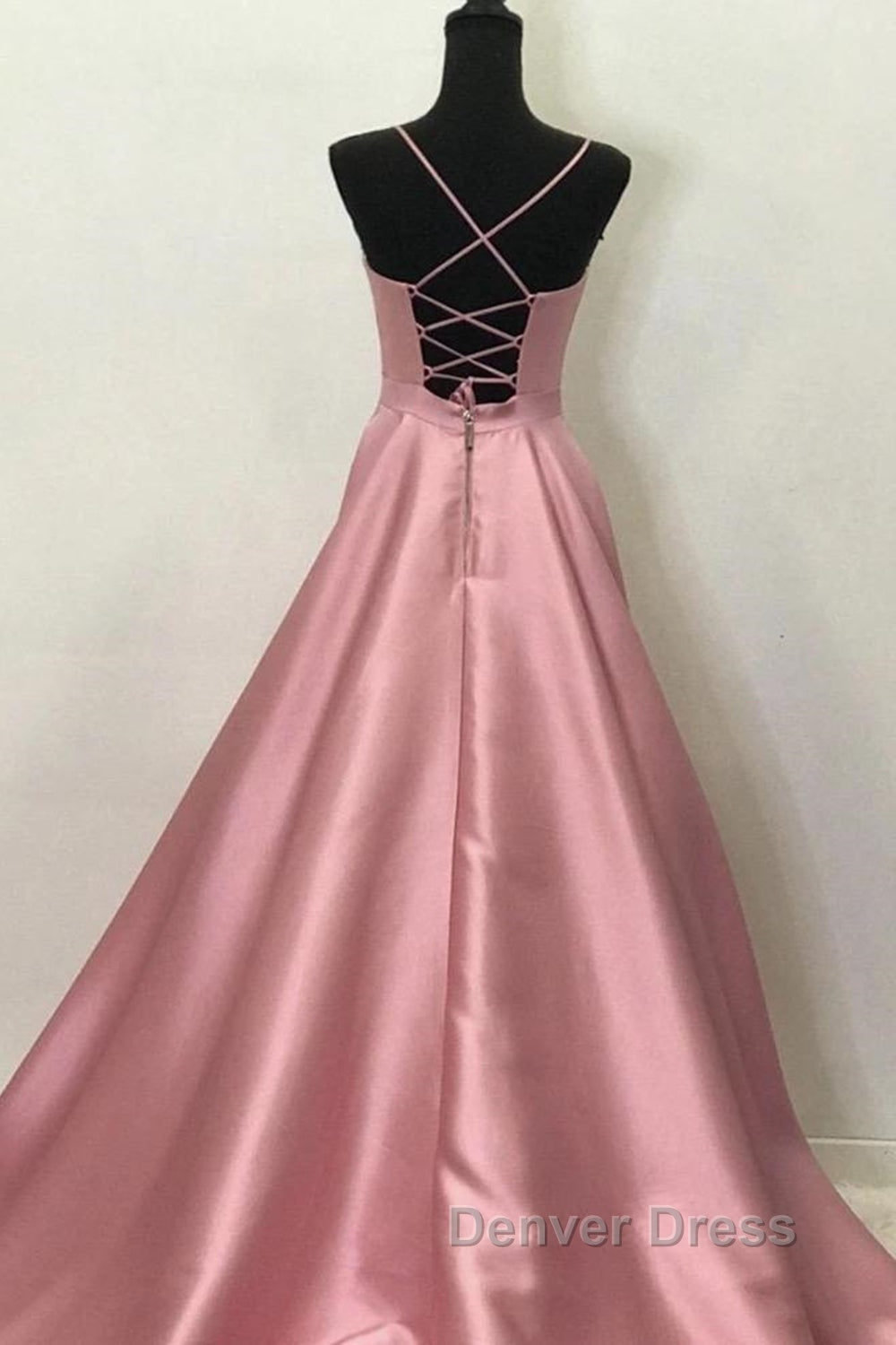 A Line V Neck Open Back Pink Satin Long Prom Dress, Open Back Pink Prom Graduation Prom Dresses