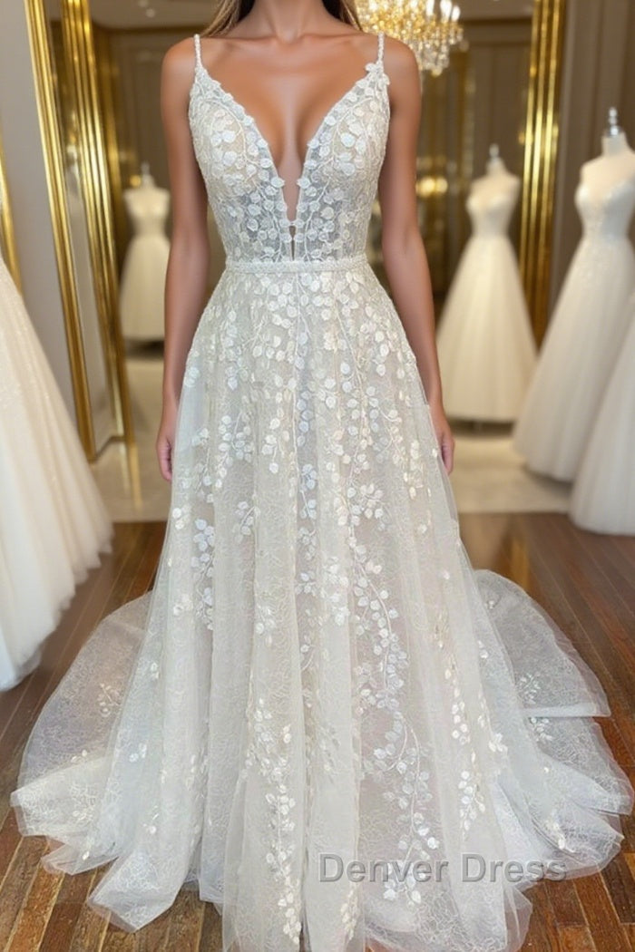 A Line V Neck Open Back White Lace Long Prom Dress, V Neck White Lace Prom Dress, White Lace Prom Dresses Main image