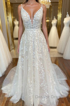 A Line V Neck Open Back White Lace Long Prom Dress, V Neck White Lace Prom Dress, White Lace Prom Dresses