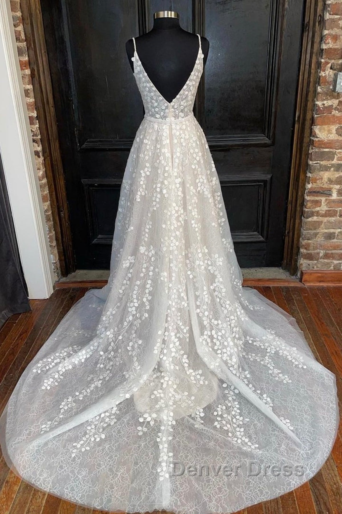 A Line V Neck Open Back White Lace Long Prom Dress, V Neck White Lace Prom Dress, White Lace Prom Dresses Secondary image