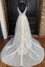 A Line V Neck Open Back White Lace Long Prom Dress, V Neck White Lace Prom Dress, White Lace Prom Dresses