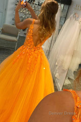 a line v neck orange prom dress with appliques