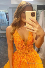 a line v neck orange prom dress with appliques