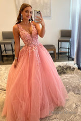 a line v neck orange prom dress with appliques