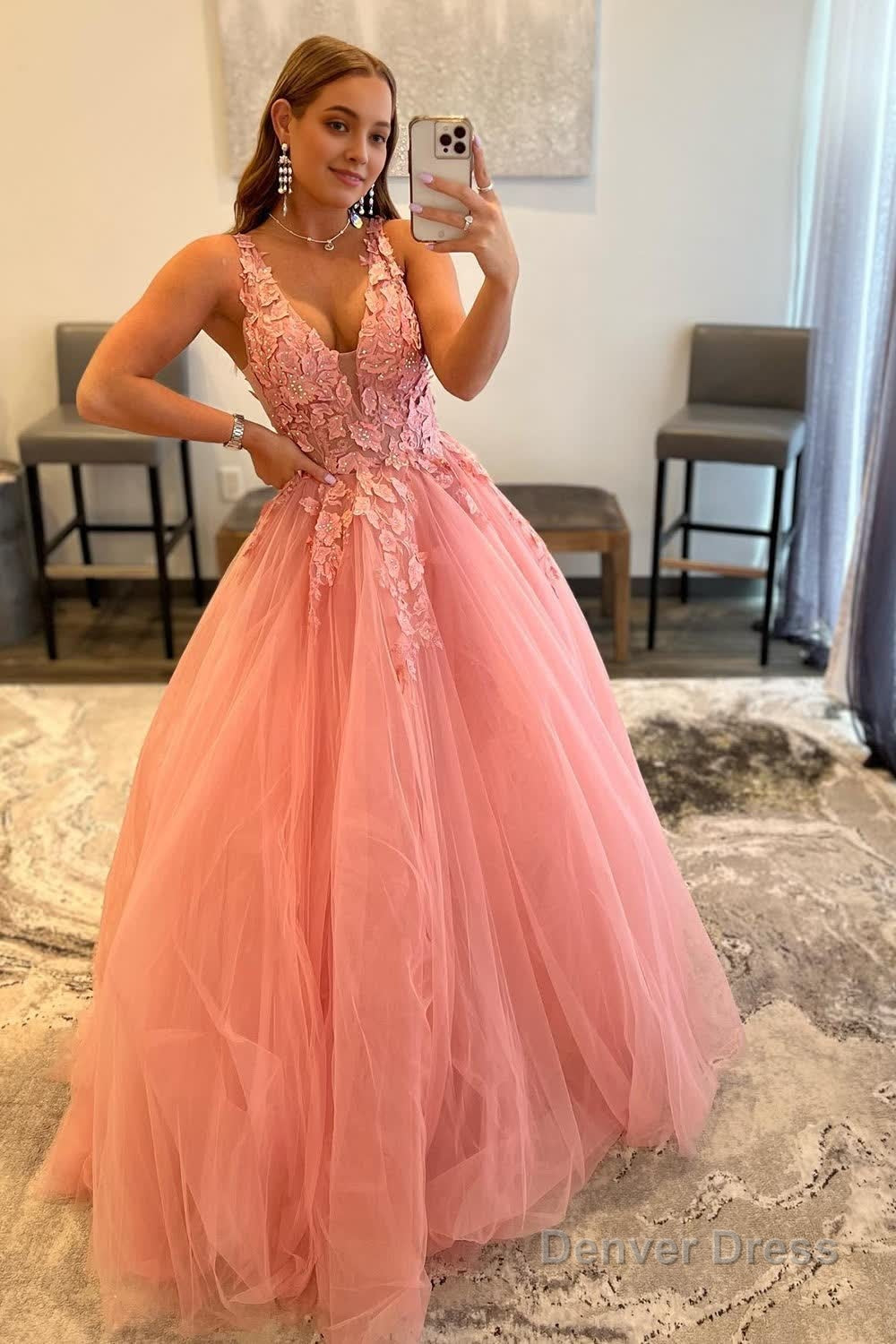 A Line V Neck Orange Prom Dress with Appliques