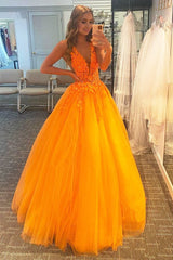 a line v neck orange prom dress with appliques